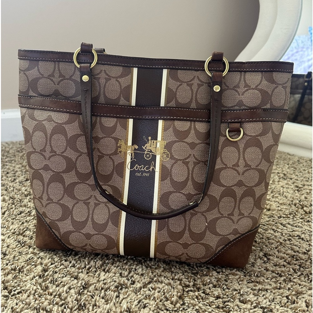 Coach 12358 Signature Heritage Stripe Tote Shoulder Handbag